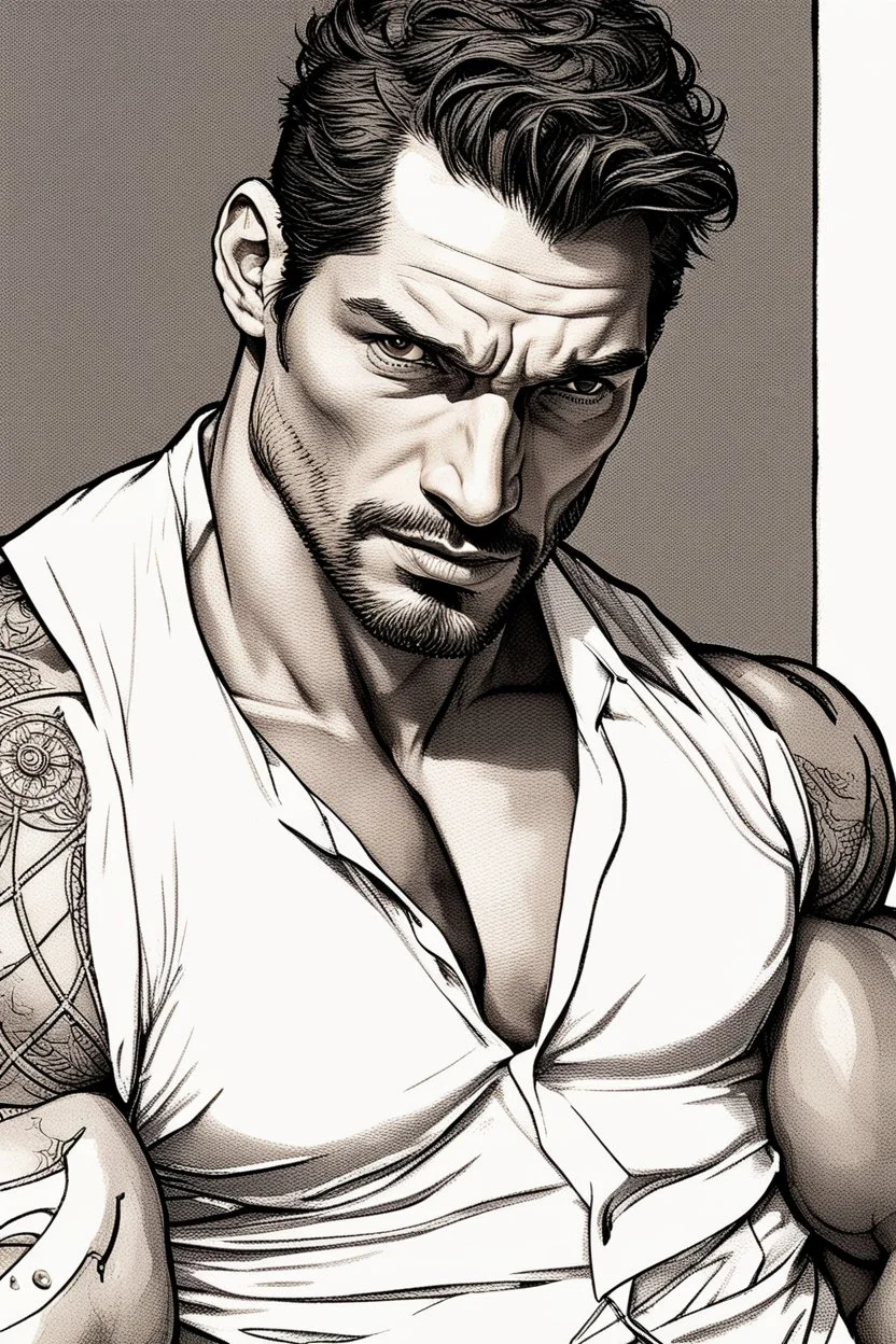 David Gandy Very muscular man short cropped hair and rough beard, tribal tattoos wearing white button up shirt, realistic face, close-up, dark fantasy, interrogation room, intricate details, hyper detailed