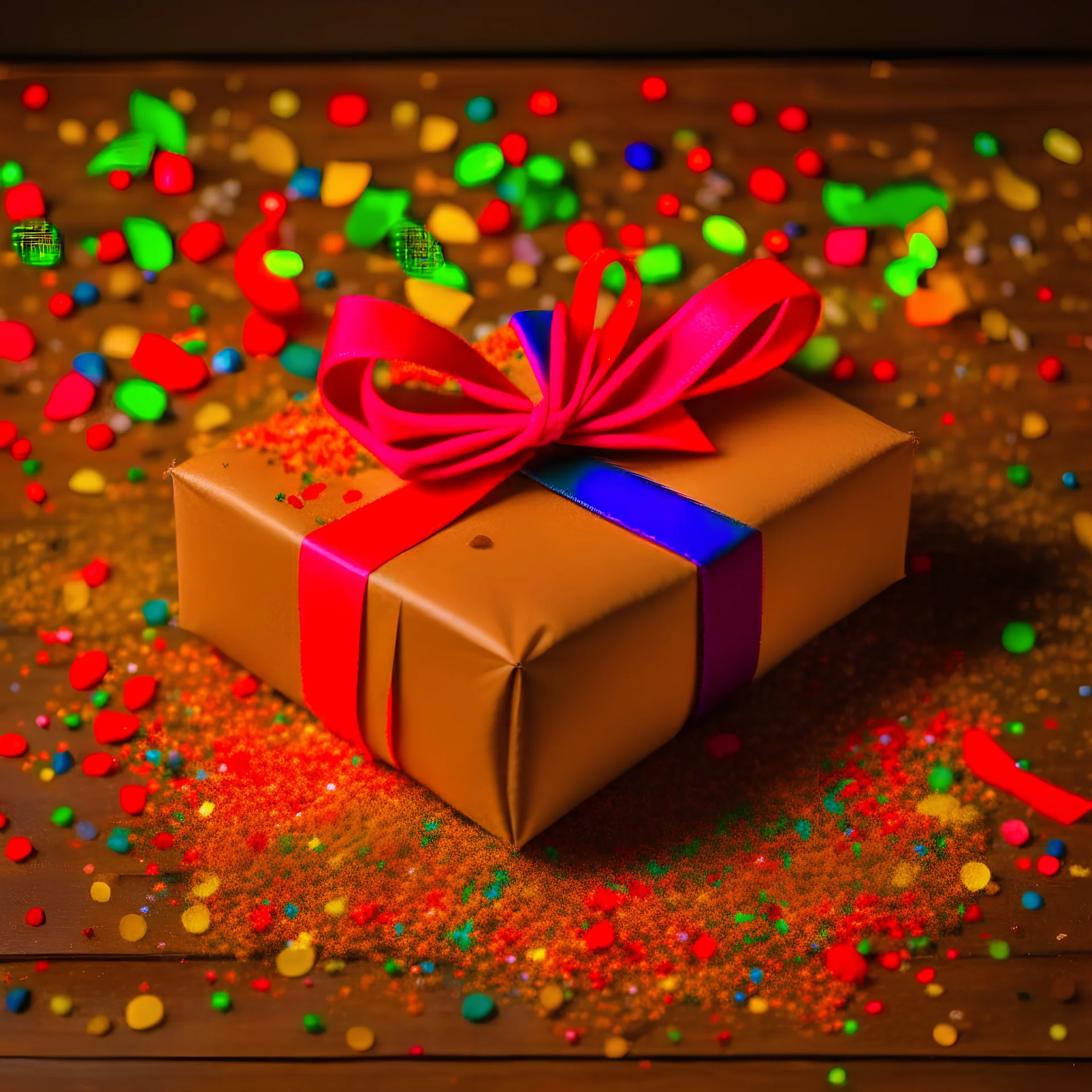 a present wrapped in brown paper with colorful confetti flakes
