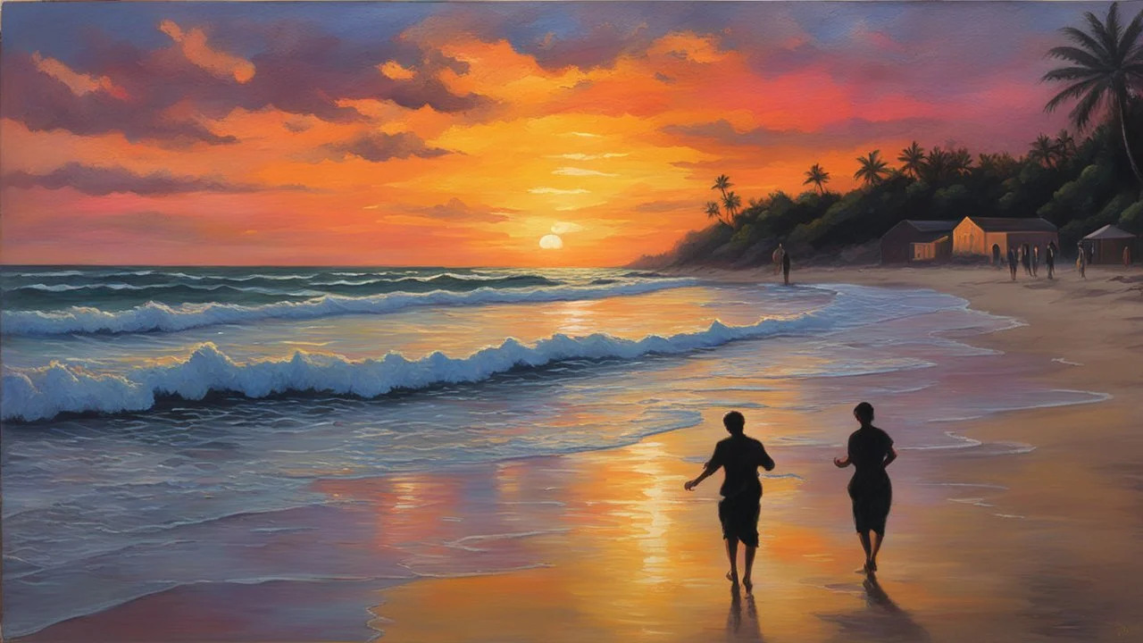 A realistic oil painting depicting a beach at dusk, the colors of the sky and water blending seamlessly with the warm glow of the setting sun. Figures are silhouetted against the colorful backdrop, some walking along the shore, others lounging on the sand. The air crackles with electricity, giving the scene a sense of magic and mystery