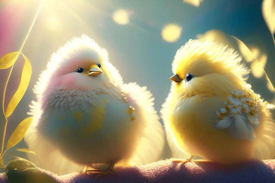 Very fluffy bird couple love, flora, in sparkling sunshine Weight:1 detailed matte painting Weight:0.9