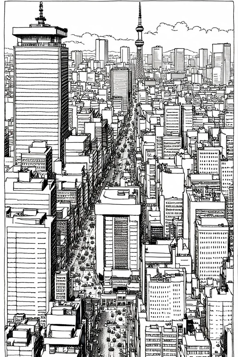 Tokyo city view from very above. top view, manga style, black and white