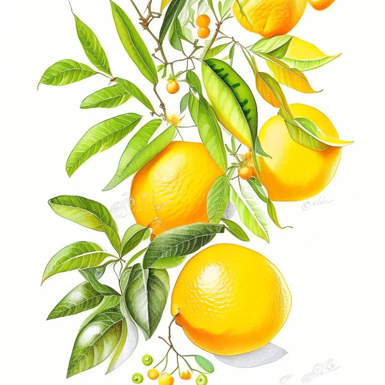 Drawing of citrus fruits, branches with leafs oranges realistic, colors, vibrant, white background, structured paper