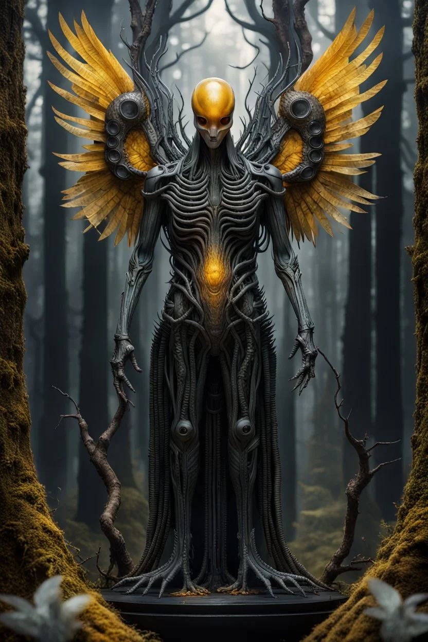 The god of birds full body, full shot,forest,Sony Alpha 7 50mm 1.8,medium shot, high-resolution image with fine details, citrine, ultra detailed,ultra realistic,extremely realistic,intricate,photorealistic,epic composition,masterpiece,H.R.Giger style