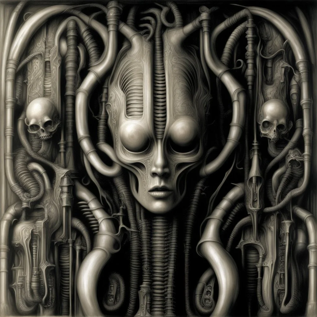 HR Giger's biomechanical art often features dark, erotic, and surreal elements that can be interpreted as having BDSM (bondage, discipline, dominance, submission, sadism, and masochism) undertones. The fusion of organic and mechanical forms in Giger's work can evoke a sense of power dynamics, control, and submission, which are common themes in BDSM. Giger's art, including his famous creation, the biomechanical alien from the "Alien" film series, is known for its sexual and fetishistic imagery.