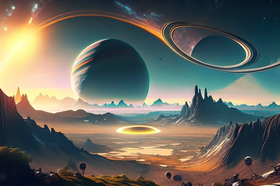 Alien landscape with Epic exoplanet with rings in the sky, over the valley.