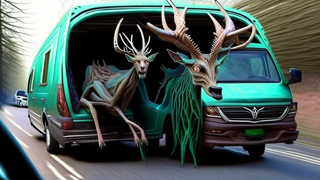 lovecraftian styled resurrected deer seeks revenge on the Lady driving the Budget Moving Van