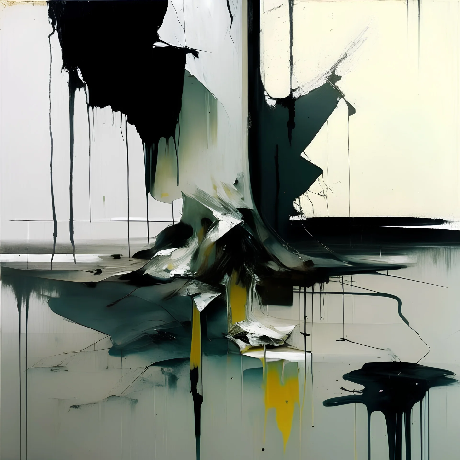 Empty Minimal contemporary abstract flat landscape painting. Concrete. Big brushstrokes. Twisted fragments of bodies. Drips of paint. style of Justin Mortimer and Adrian Ghenie.