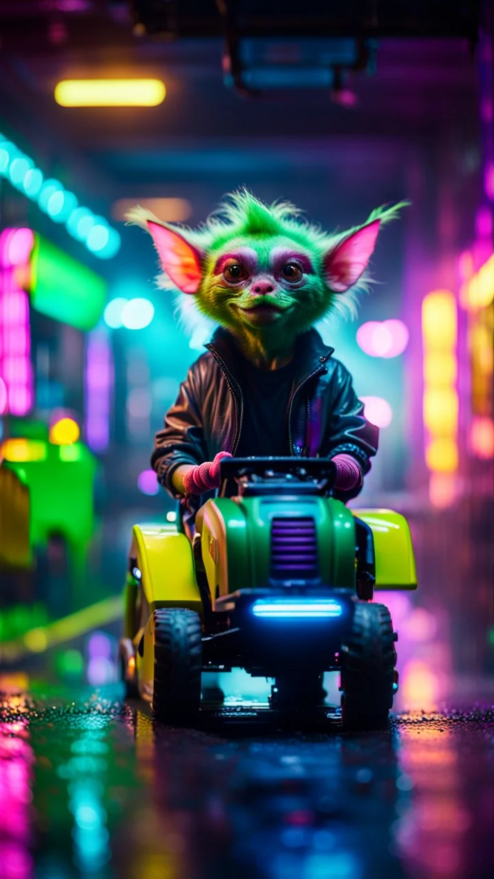 portrait of Hairy Gremlin myth buster pimp ninja yoga cyber punk in flying hipster lawn mower tractor parked in dark neon lit reflective misty wet arcade hall tunnel,bokeh like f/0.8, tilt-shift lens 8k, high detail, smooth render, down-light, unreal engine, prize winning