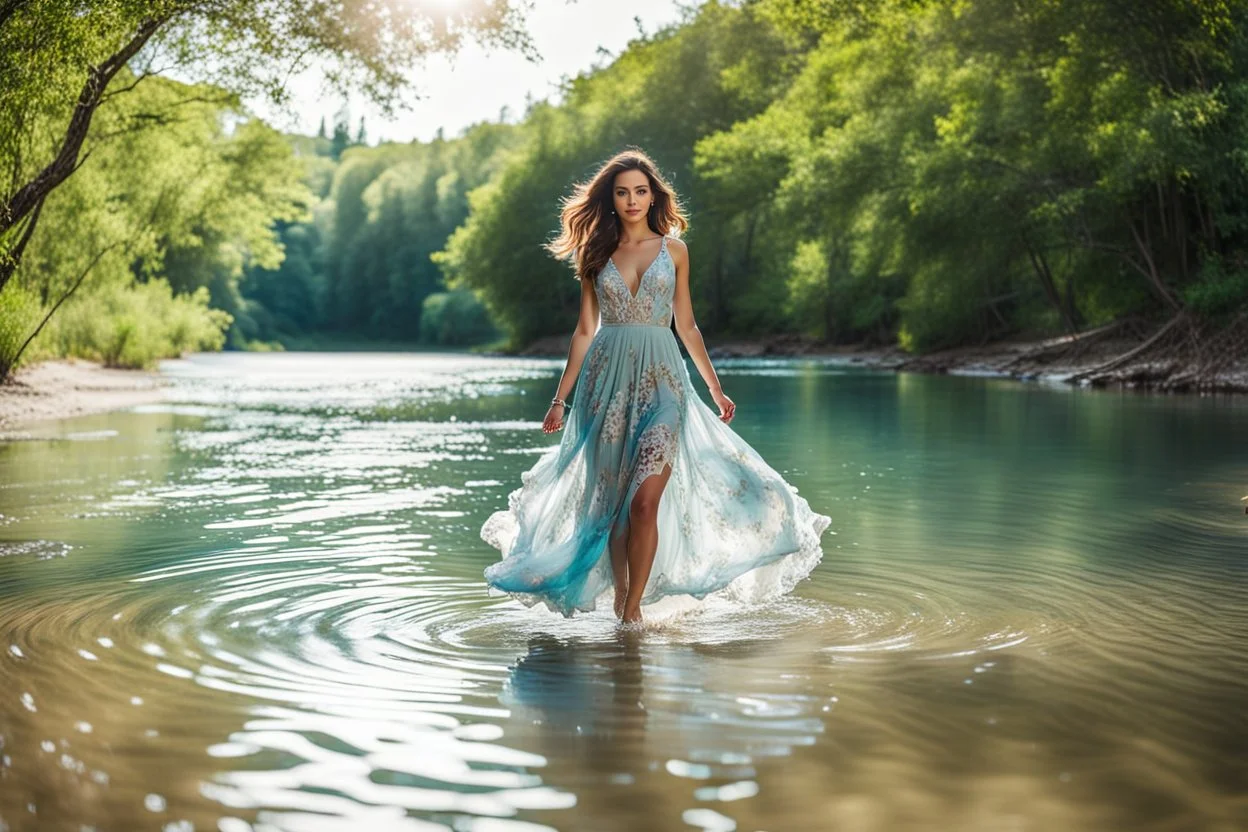 beautiful girl in pretty dress walking in water toward camera in trees next to wavy river with clear water and nice sands in floor.camera capture from her full body front