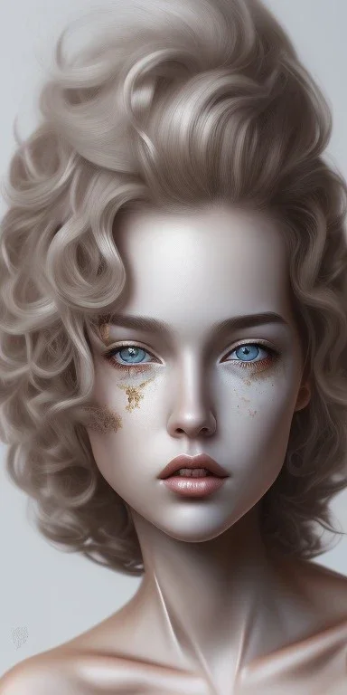 complete detailed body picture sitting in sófa of Realistic girl photo, medium hair, curly hair, golden gray hair, black eye, 16k resolution, super hd