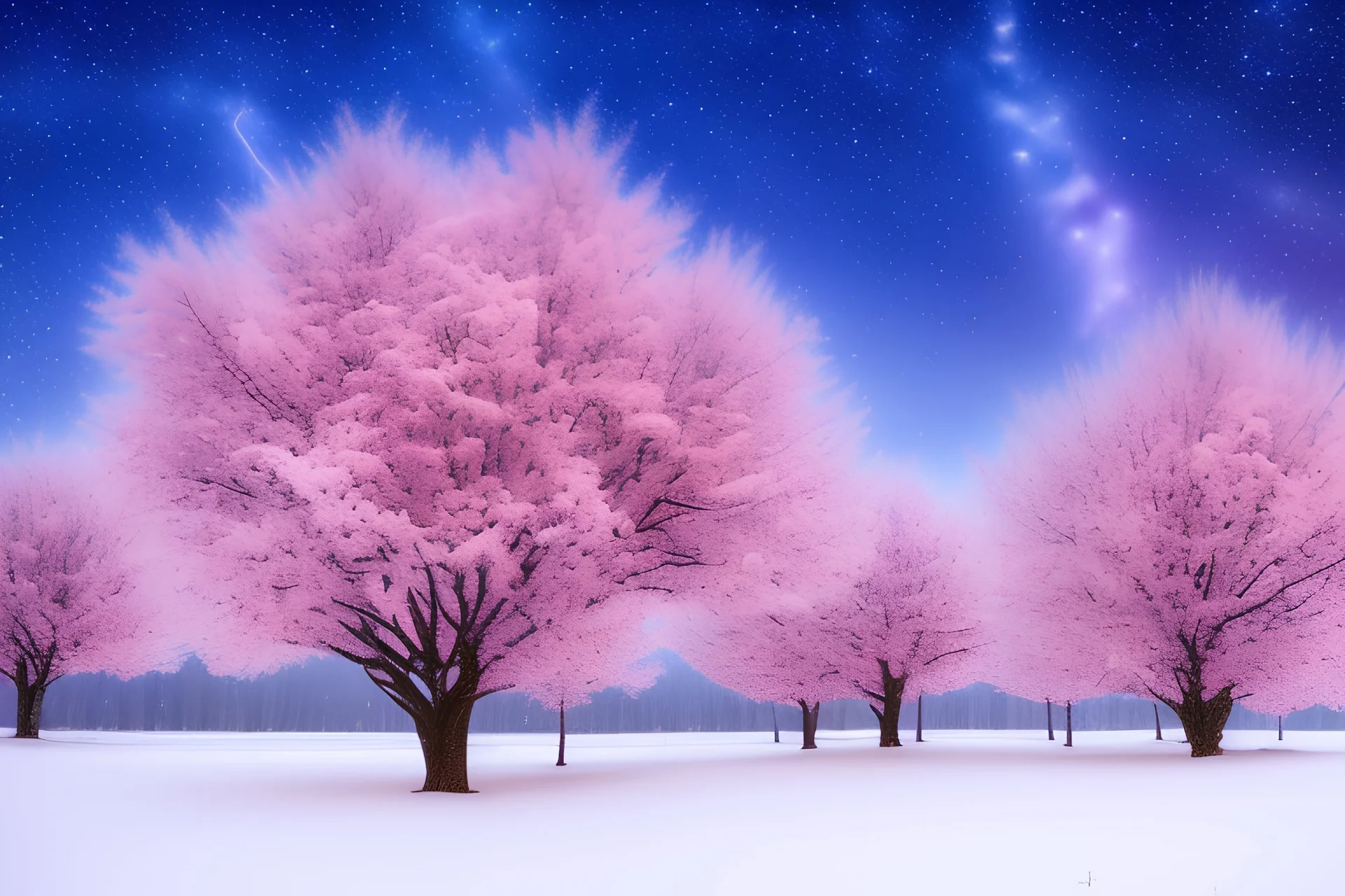 arbres roses et petites fleurs roses et avec petits points de lumière dans un ciel de nuit étoilée avec la voie lactée et sous la neige , HD, 8k