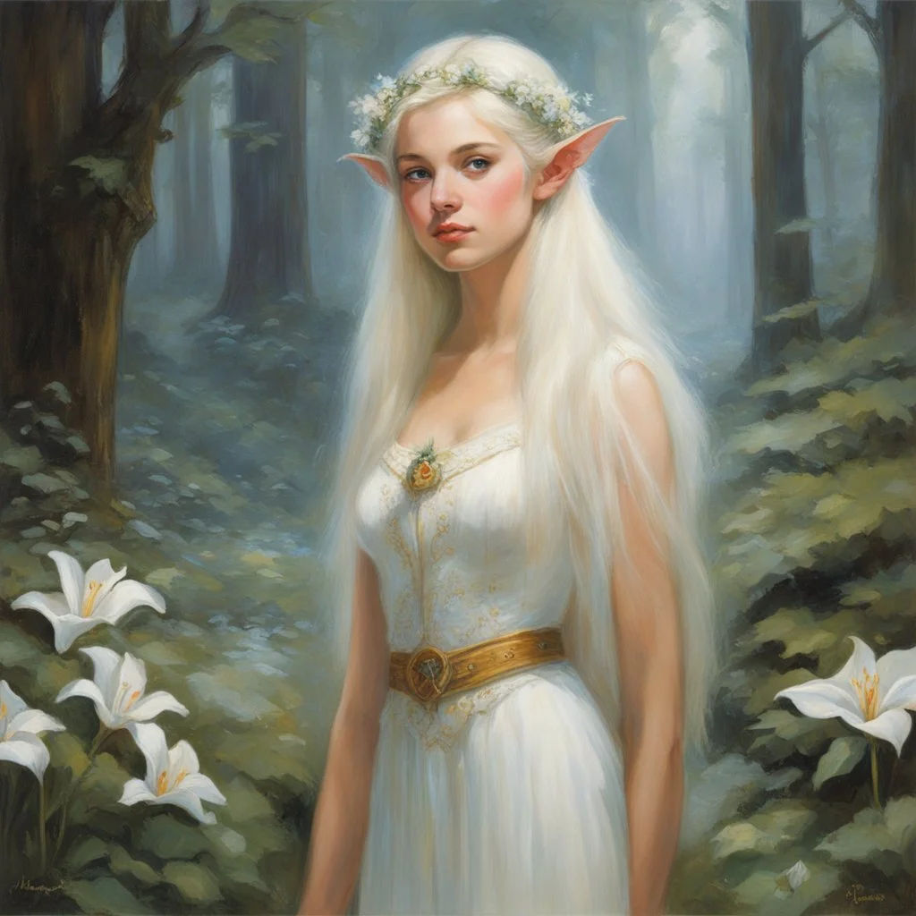 "In stature the Elves are said to be equal to the generality of the human race, but are more slim and delicate. Their young females are described as extremely beautiful, slender as lilies, white as snow, and with sweet, enticing voices:" painted by james gurney