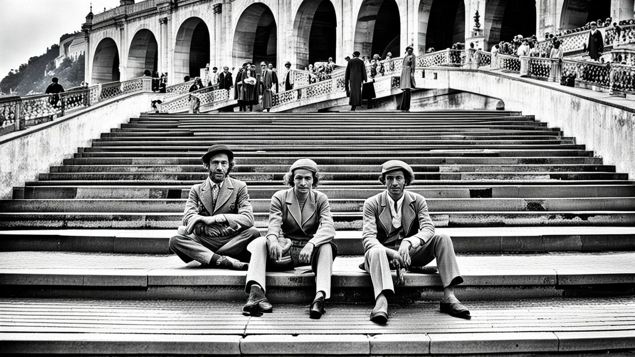 retro old photo of a young couple in 70s style clothes sitting on the lower steps of the Danube embankment in Budapest at Fővám Square, the photo is old, stained, scratched in some places, the girl's and the boy's faces are blurry and not clearly visible, behind them are stairs