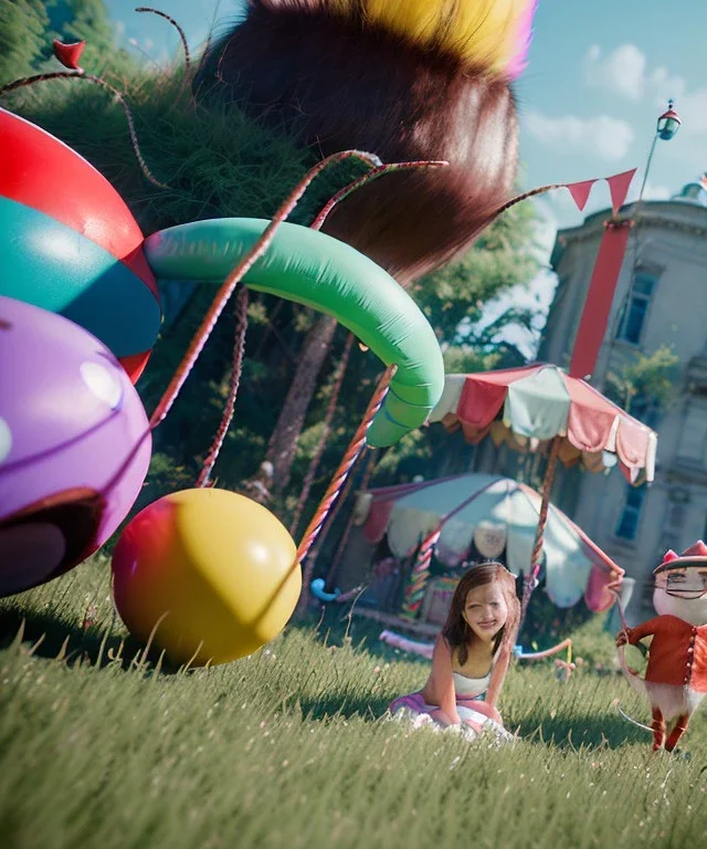 Wes Anderson photographer, Ultra realistic garden scene, wide angle view, child playing with feather pillows and sweet inflatable monsters, circus dress style, feather color, free jumping, many trinkets, hair monster, many jelly beans, balls, smile, extreme, wind, soft color, highly detailed, unreal engine 5, ray tracing, RTX, lumen lighting, ultra detail, volumetric lighting, 3d, finely drawn, high definition.