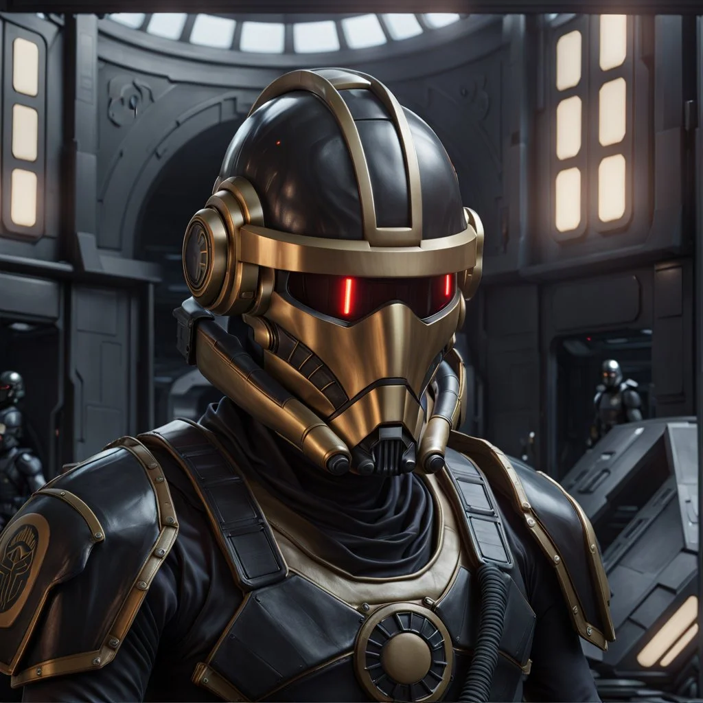 star wars bald male corellian pilot wearing pearlescent black and gunmetal grey First Order special forces heavy assault stealth commando armor and helmet with gold trim inside the jedi temple, hyperdetailed, dynamic lighting, hyperdetailed background, 8k resolution, volumetric lighting, light skin, fully symmetric details