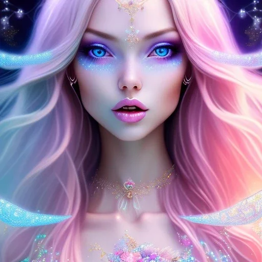  beautiful, soft, whide smile face,whole head,see full head, long blonde straight hair, blue eyes, fairy wings on the back, transparent crystal blue and pink clothes, background blue and pink, big definition, 8K