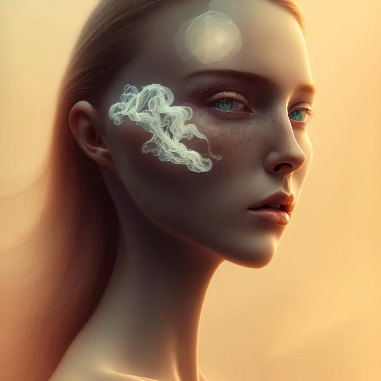 portrait photography of ethereal beauty, 8K, a woman's head, Portrait of a woman by Michelangelo, close-up face, anatomically perfect face, a sunny atmosphere, misty smoke, oak tree roots