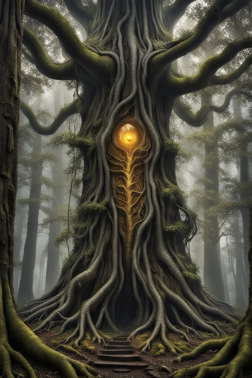 Forest giant tree full body, full shot,forest,Sony Alpha 7 50mm 1.8,medium shot, high-resolution image with fine details, citrine, ultra detailed,ultra realistic,extremely realistic,intricate,photorealistic,epic composition,masterpiece,H.R.Giger style