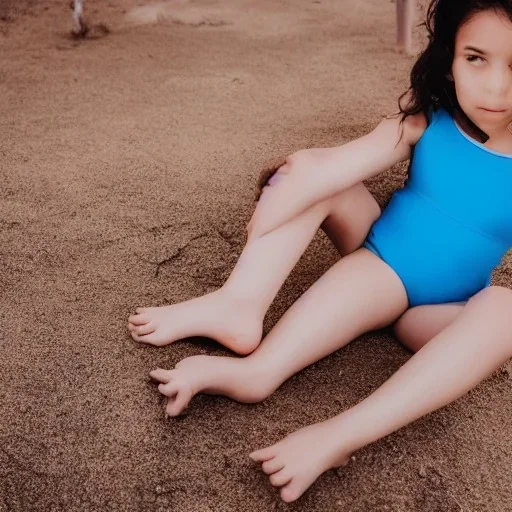 7 year old girl in blue swimsuit and shoes