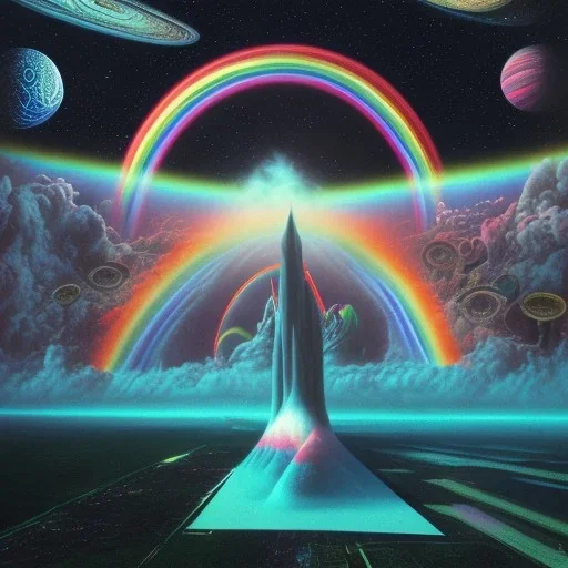 poster, crazy, realistic, psychedelics , band, art, music, digital art, pink floyd, rock band, another planet, universe, rainbow, warm lighting, vintage