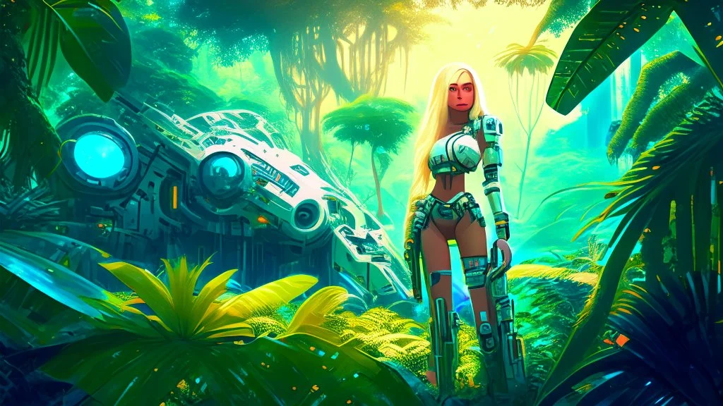 Wide-angle, full body of a woman, with straight blond hair, dressed like a robot, with equipment in her hands, next to a crashed spaceship, on an alien jungle world in the multiverse