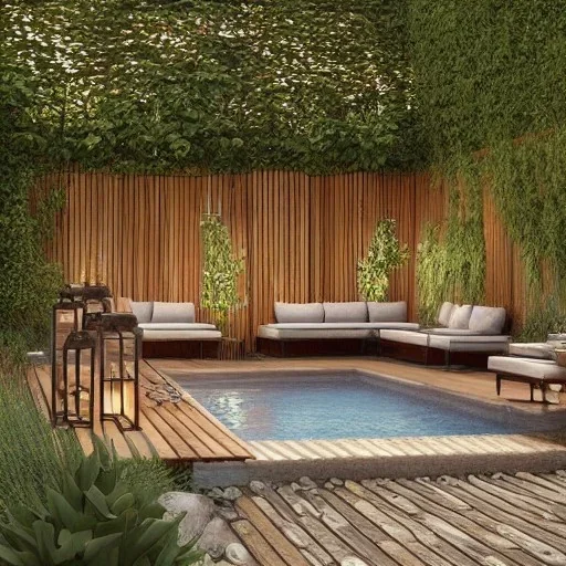 a gorgeous, stunning garden deck with wood walls, rustic floor, wicker furniture, string of illuminated globes, tranquil pool surrounded by smooth stones, lit candles, foliage, cozy, 8k resolution, high-quality, fine-detail, zen-like, digital art, detailed matte, volumetric lighting, illustration, 3D octane render, brian froud, howard lyon, selina french, annie stokes, lisa parker, greg rutowski