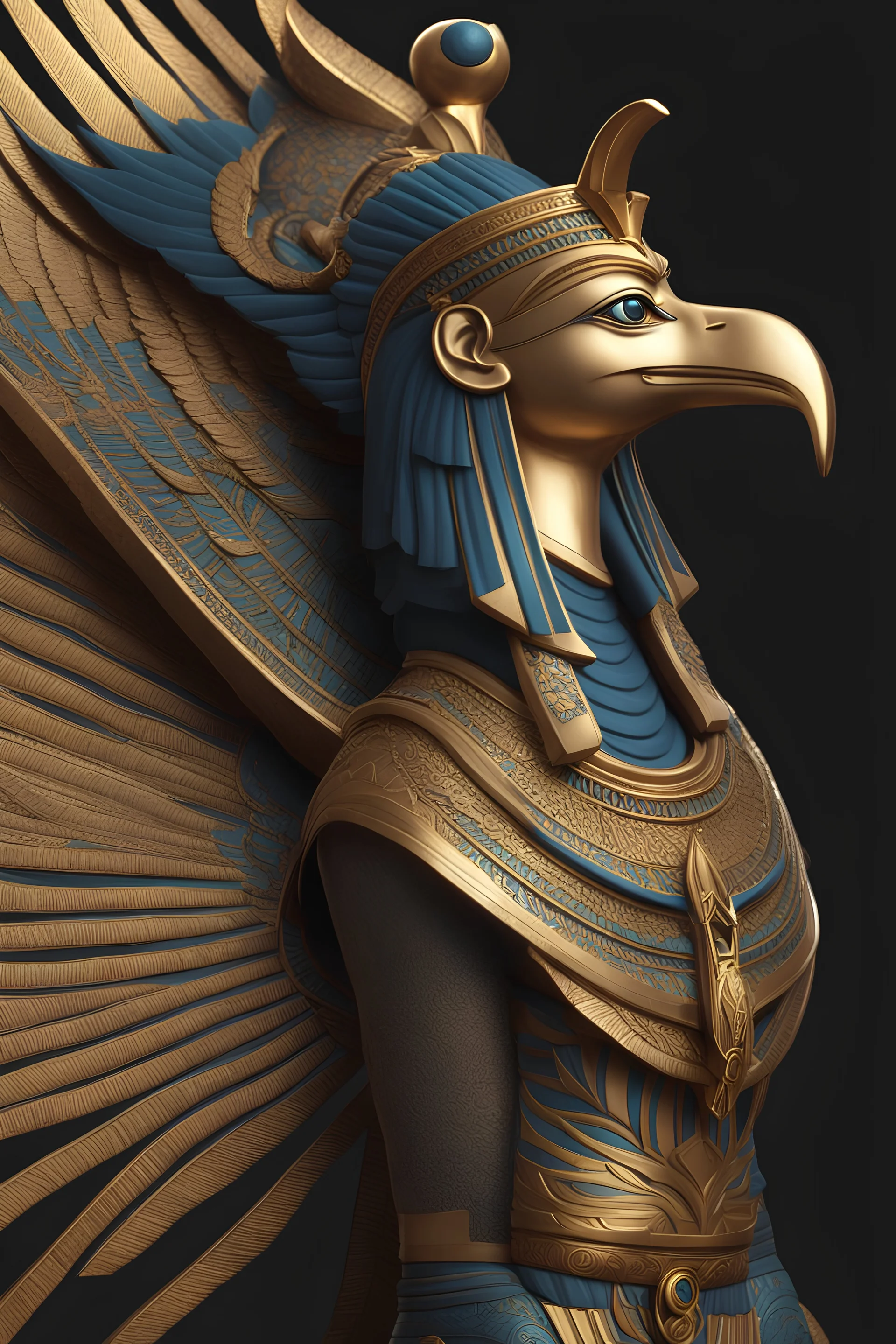 Egyptian god Horus side profile, full body shot, light, intricate, elegant, volumetric lighting, digital painting, highly detailed, artstation, sharp focus, illustration, (intricate details), elegant, wise, beautiful, cinematic lighting