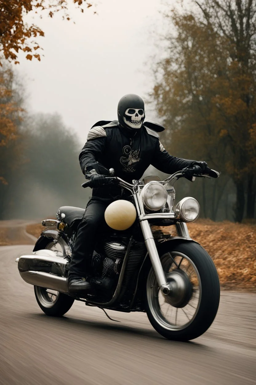 [very impressive high res masterpiece in Kodak Eastman 5247, scene by László Krasznahorkai] a halloween fruit driving a motorbike in a gigantic creamy cake