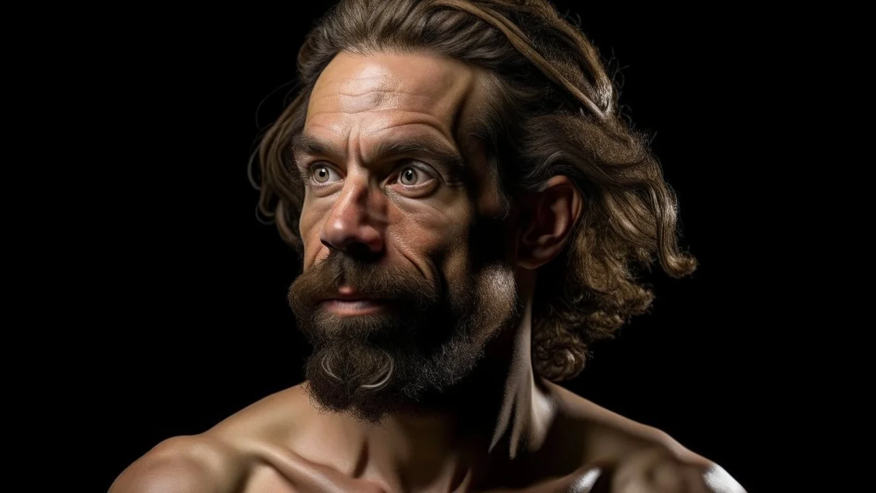 man in his thirties Body of a ballet dancer with robust limbs and a Neanderthal face hair with half-tied locks, eyes with straight eyebrows, a flattened nose with a goatee