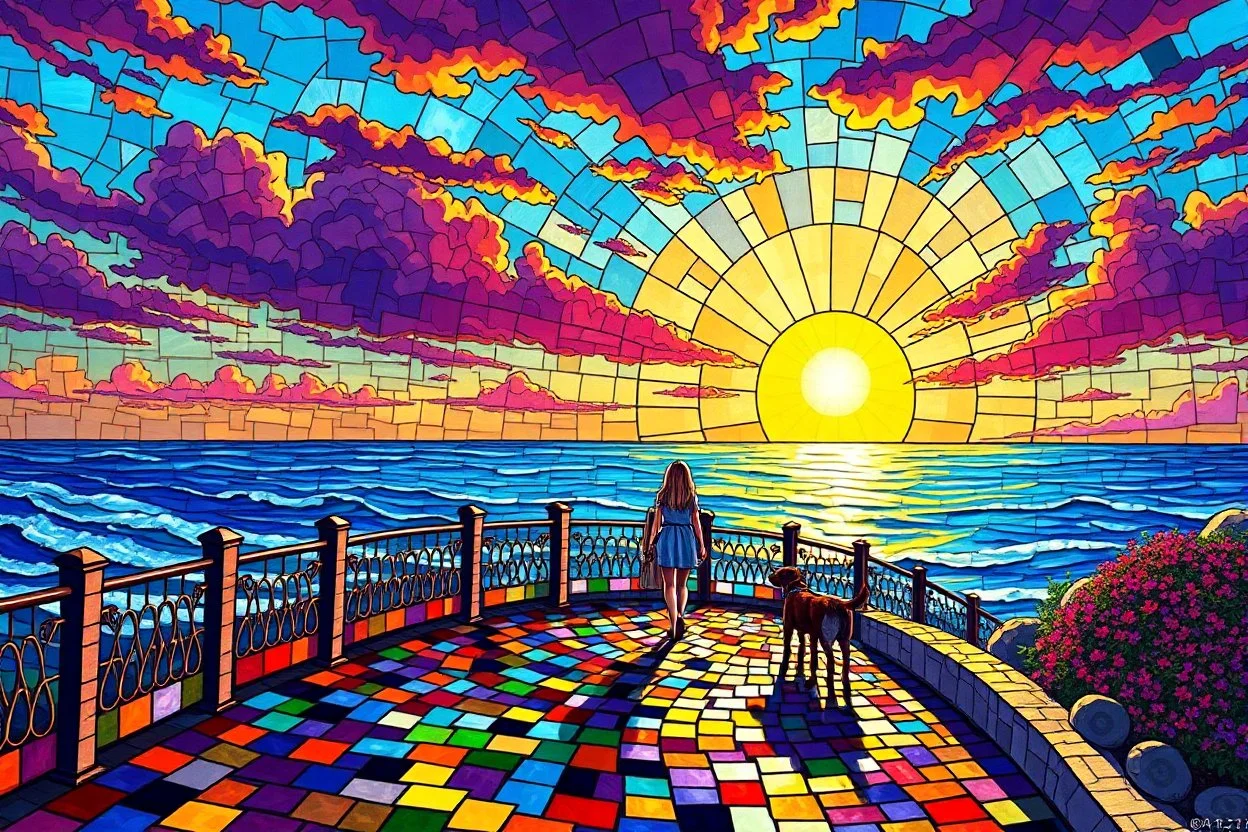 create a vibrant mosaic seaside promenade at sunrise, dazzling rainbow-colored tile path, glowing stained glass sun rising over a dynamic blue sea, wild stained glass sky in purples, oranges, and reds, a blonde girl walking with her dog along the path, vivid explosive colors --ar 3:2 --v 7 --style raw