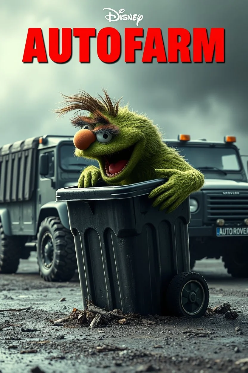 EUROPEAN Oscar the AUTOFARM Grouch SESEME ST CHARACTER IN LARGE GARBAGE TRASH BIN,GARBAGE TRASH BIN, side profile, "GARBAGE TRASH BIN IN FRONT" man in super blackscary (((((autofarm)))))) TITLE in movie poster movie style horror look. as five headed mouth open, rough teeth, turn head around, landrover crash in background(&*&*^%$^#%$#%$^%$#^#$#^%#$^$#