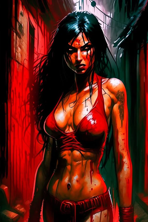 woman in a red bikini standing in a dark alley, by Aleksi Briclot, digital art, girl with black hair, bloody river in hell, as a fortnite character, woman very tired, ready to fight, no yellow color in eyes, torrential rain of blood, stylised comic art, uncharted, bbc promotional artwork