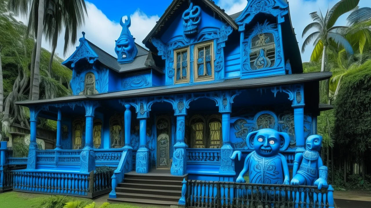 A blue haunted mansion with ghosts designed in Hawaiian tiki statues painted by Paul Gauguin