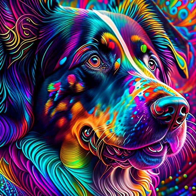 Beautiful anthropomorphic dog colorful art conceptual, amazing artwork, hyper detailed, ultra maximalist quality, 12k