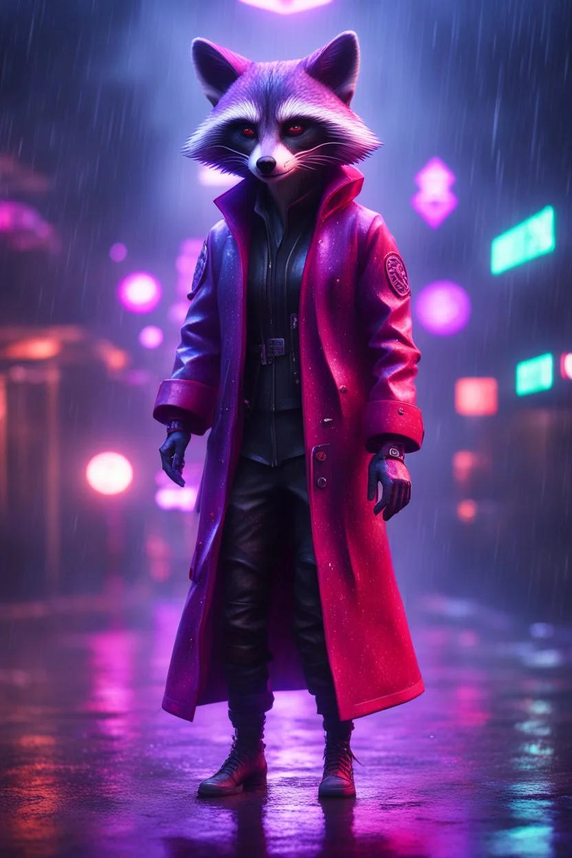 Volumetric fog fox racoon lights,paradise sacred geometry framed playing card, black, red, spore and purple neon cyber punk dancer thief in soaked rain coat shadows boss card in the style of escher and fallout 4 ,,bokeh like f/0.8, tilt-shift lens 8k, high detail, smooth render, down-light, unreal engine