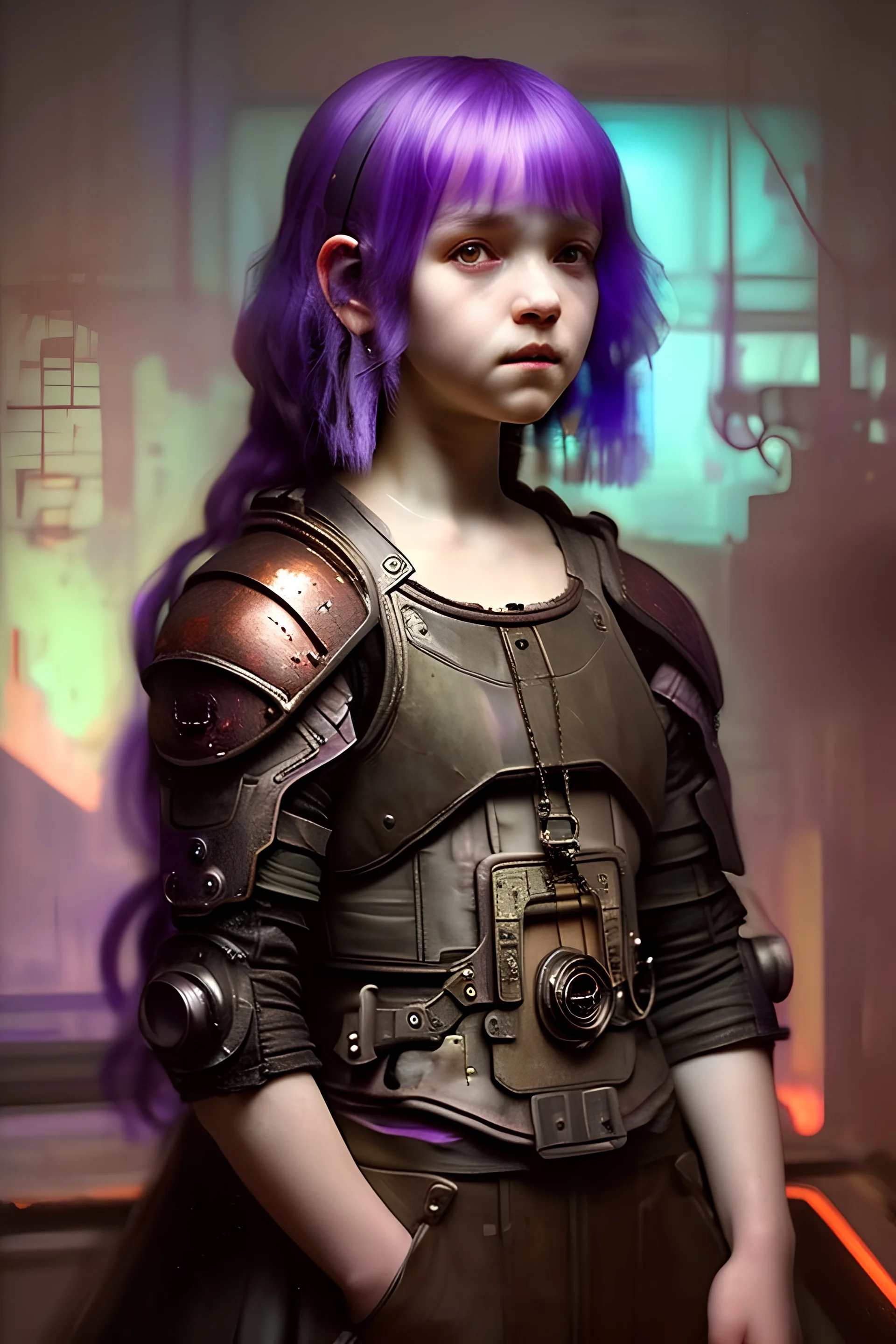 Little girl with violet hair in Cyberpunk wunderkammer painted by Rembrandt with unsane details, soft colors, lot of space around the girl with a lot of strange objects