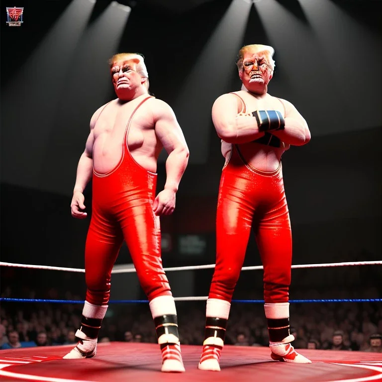 Wrestler Donald trump, wrestling, sweat, blood, red breeches, suspenders, stars, retro style, 80s, hot ambient, photo studio, vibrant color, gradient, highly detailed, art stations, concept art, smooth, unreal engine 5, god rays, ray tracing, RTX, lumen lighting, ultra detail, volumetric lighting, 3d, finely drawn, high definition, high resolution.