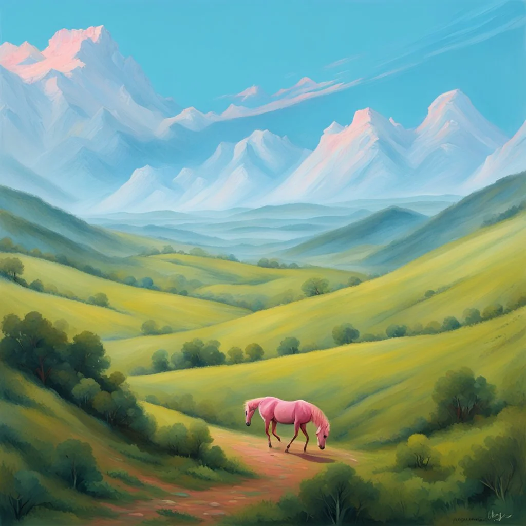 a pink horse in hills like a 19th painting