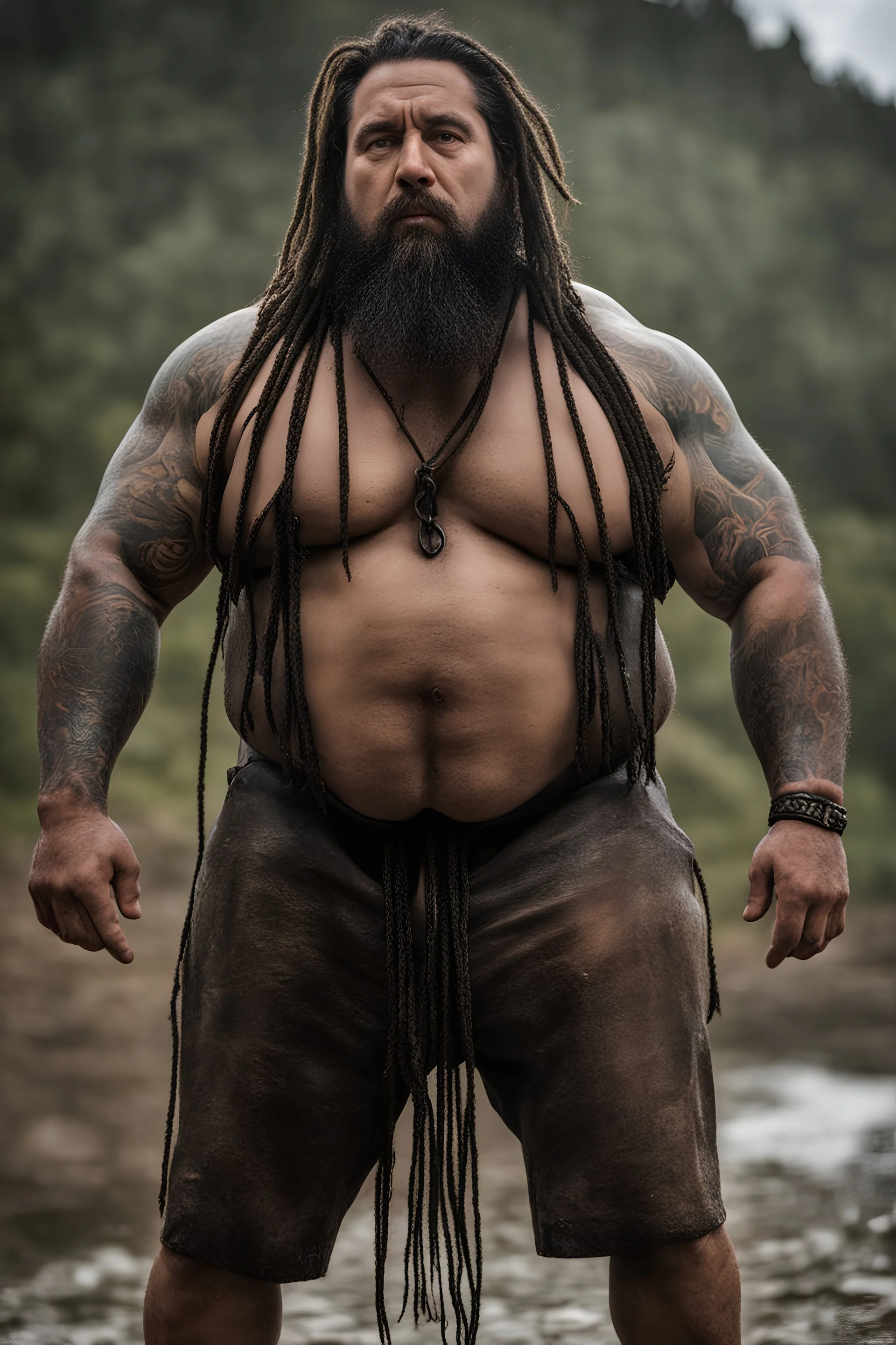 full figure shot, very realistic photography, ugly dirty wet tired chubby stocky gipsy 35 years old , very oiled body, very detailed, dim light, view from below, short beard, emotive eyes, dreadlocks, tattoo, bullneck, mature barely burly bearded muscled and robust , bulging pants, seamlessly blending big masculine forms , editorial ambiance, cross-processing effects, big shoulders, ambient occlusion , bright shiny light, impressive composition, volumetric light