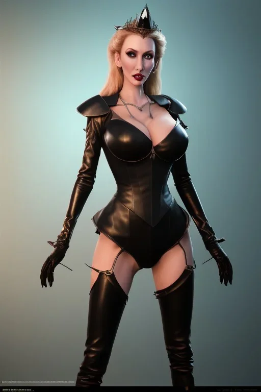 Brandi Love as evil queen in black leather, leather, busty, cleavage, angry, stern look. character design by cory loftis, fenghua zhong, ryohei hase, ismail inceoglu and ruan jia. unreal engine 5, artistic lighting, highly detailed, photorealistic, fantasy