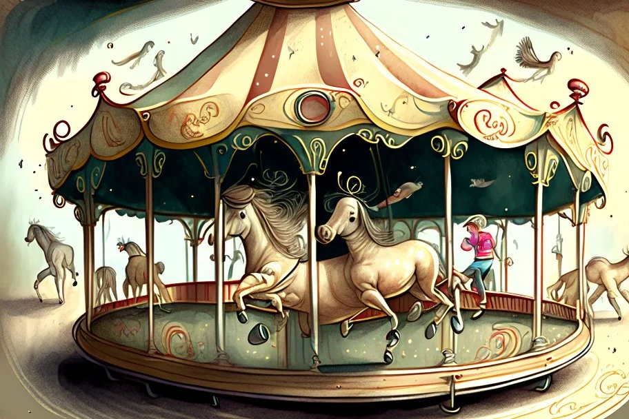 Carousel, drawing, illustration, children book style, realistic, high resolution