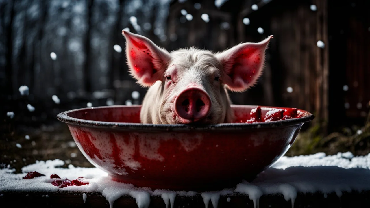 blood and a pig's head in blood in a large enameled bowl in the yard on the snow old, rural environment, winter, low light, dramatic atmosphere, high detailed, sharp focus, high realistic, perfect photo