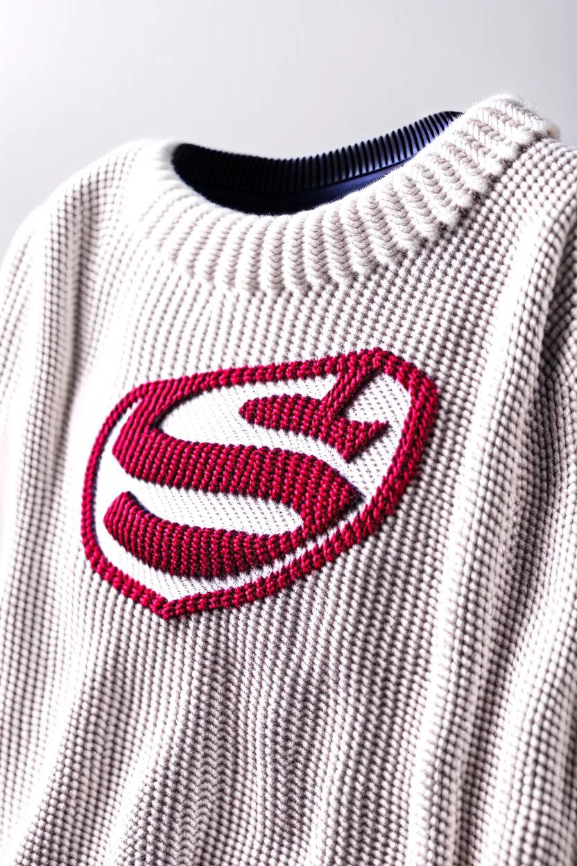 Superman's Balenciaga sweater Winter elegant inspired by Superman's emblem design white tones with dual color on a white background, product catalog photography, soft spot lighting, depth of field, 4k –ar 3:5 –q 2