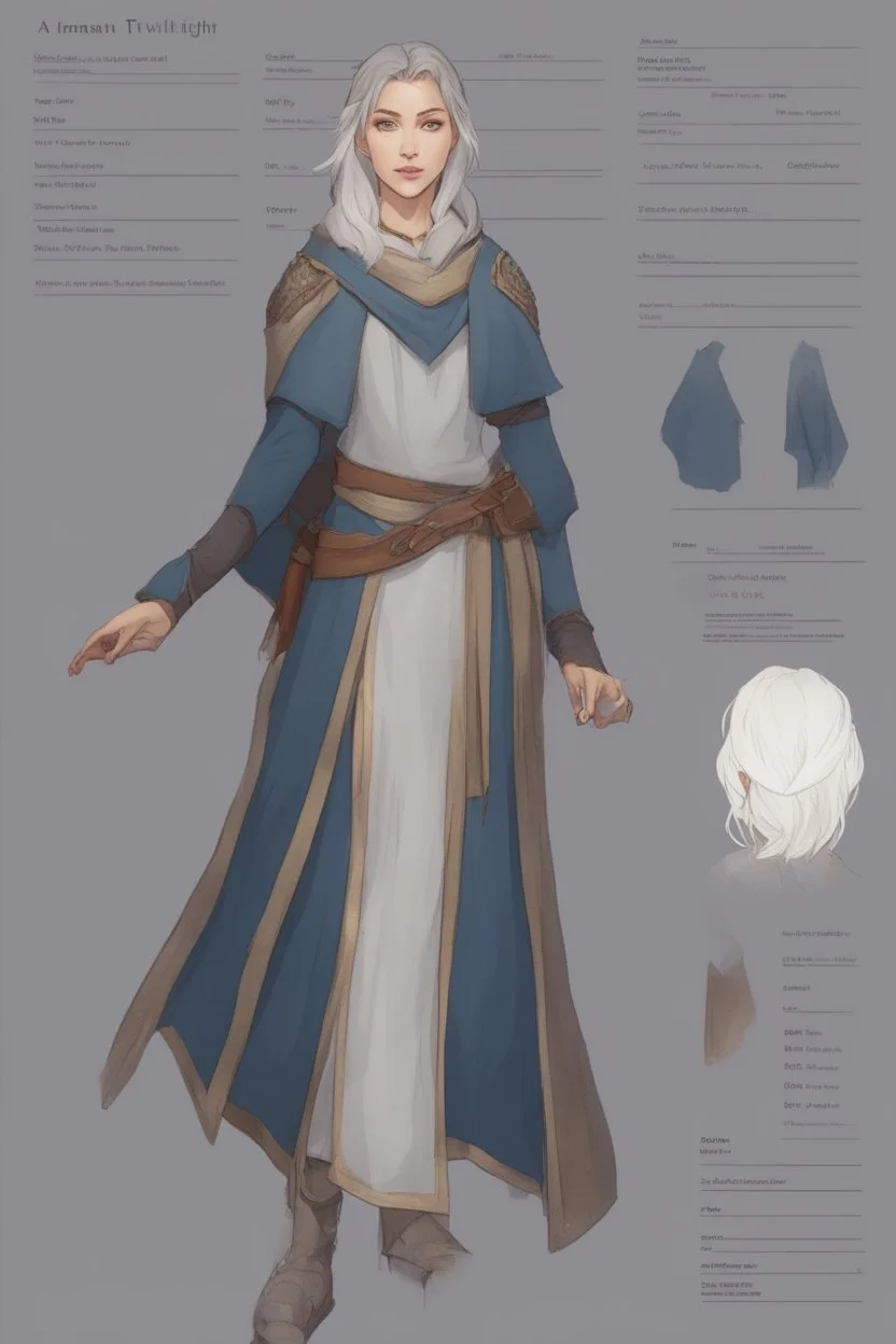 Dnd character sheet, full body. A female Aaismar twilight cleric with white hair and blue eyes, wearing gray robes. Etreal, beautiful