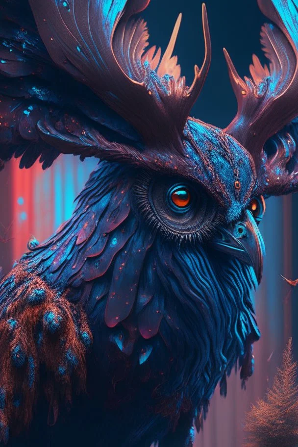 Moose owl rooster alien,FHD, detailed matte painting, deep color, fantastical, intricate detail, splash screen, complementary colors, fantasy concept art, 32k resolution trending on Artstation Unreal Engine 5