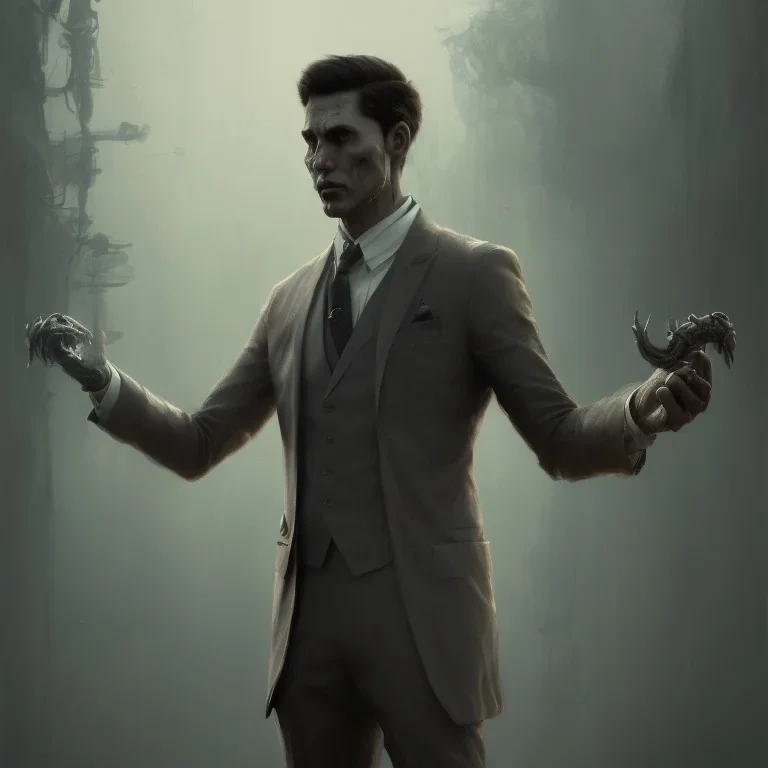 male in suit, powerful, creepy, matter, majestic, flow, illustration, concept art, by Greg Rutkowski, Sung Choi, Mitchell Mohrhauser, Maciej Kuciara, Johnson Ting