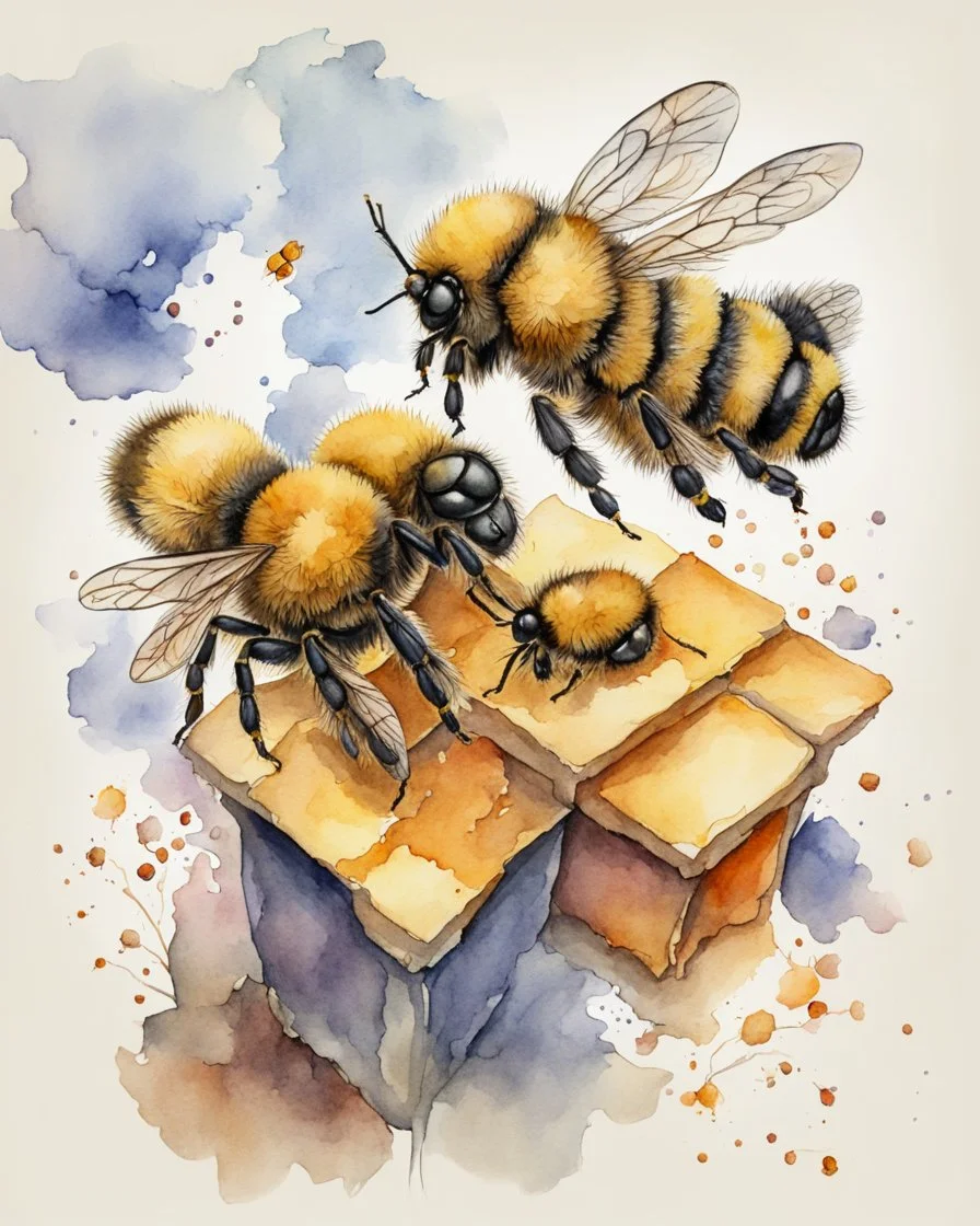 three bees flutter over the hive watercolor drawing