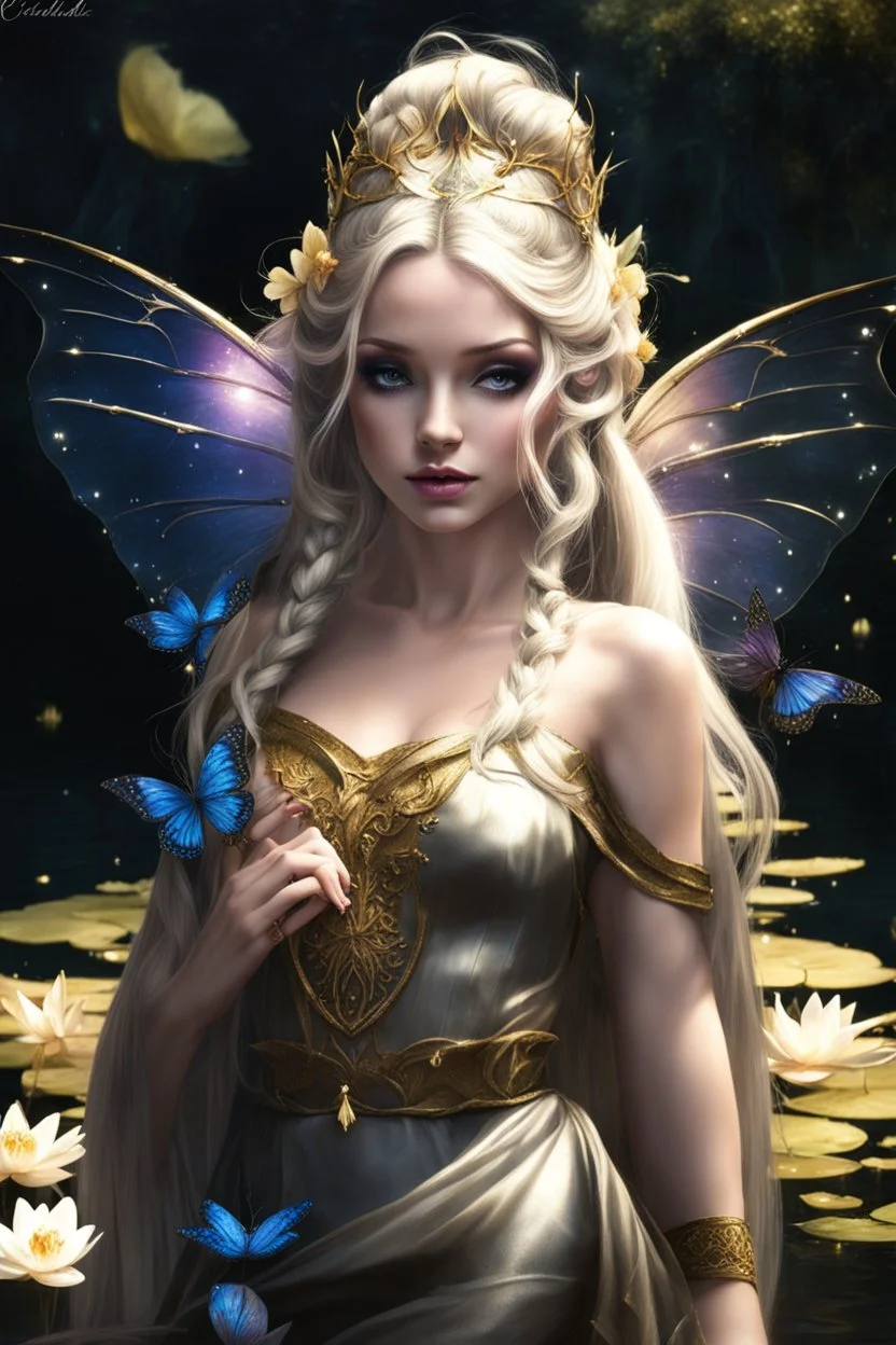 Violet hair, bronze, gold blonde hair , dark gold ,goldy,gold, Fairy wings,long hair,water lilies,dark fairy princess,nymph,elven crown,dragonflies,tiara,,gothic,glitter,rapunzel hair, very long hair, sparkle,night,fireflies,butterflies,orchids,dark gold,