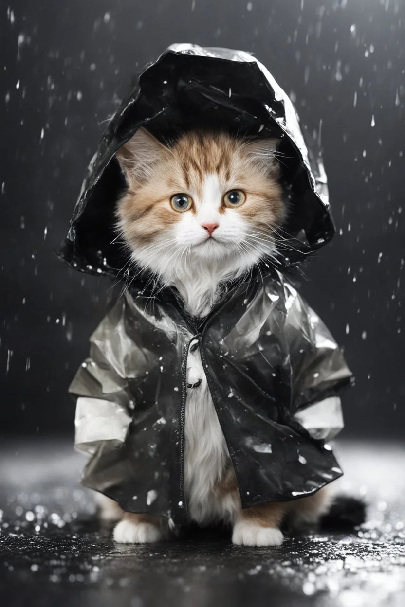 baby cat in raincoat. Chibi, Photograph, Canon DSLR, Tilt - shift, black background, high definition, Complete and coordinated composition, 8k