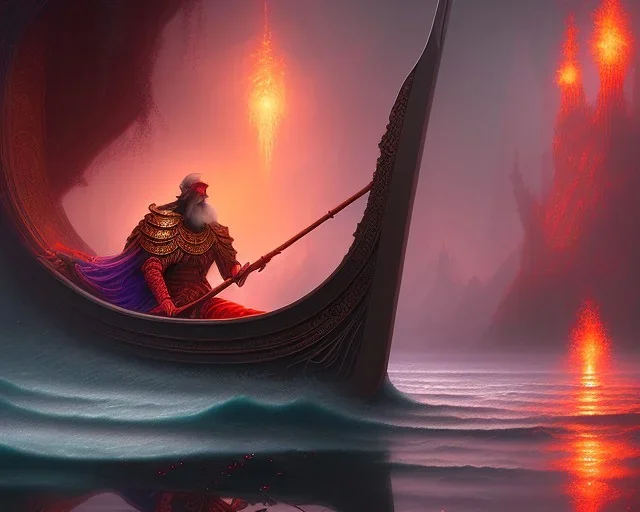 sango fantasy, fantasy magic, intricate, sharp focus, illustration, highly detailed, digital painting, concept art, matte, Greek mythology Charon ferryman in boat on river styx, sharp jagged rocks, red purple blue colours, red hot lava river